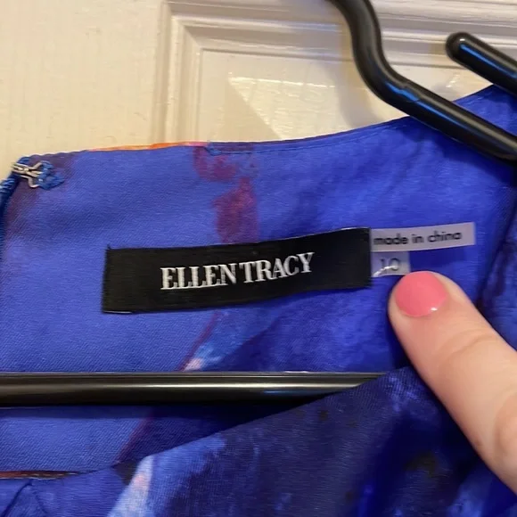 Size 10 Ellen Tracy A-Line Midi Print Dress (blue, purple, orange) - Picture 4 of 6